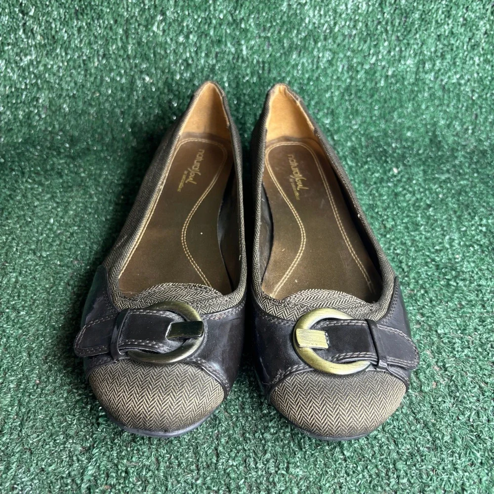 Natural Soul Malvina Herringbone Buckle Classic Ballet Flats Brown Womens Sz 10